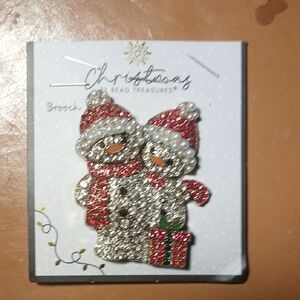 Festive Snowman Brooch with Red and Gold Accents By Bead Treasures